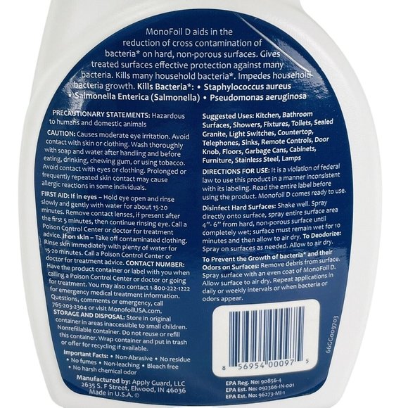 MonoFoil D Multi Surface Disinfectant Shield Unscent Spray Kills 99.9% Bacteria - Picture 4 of 4